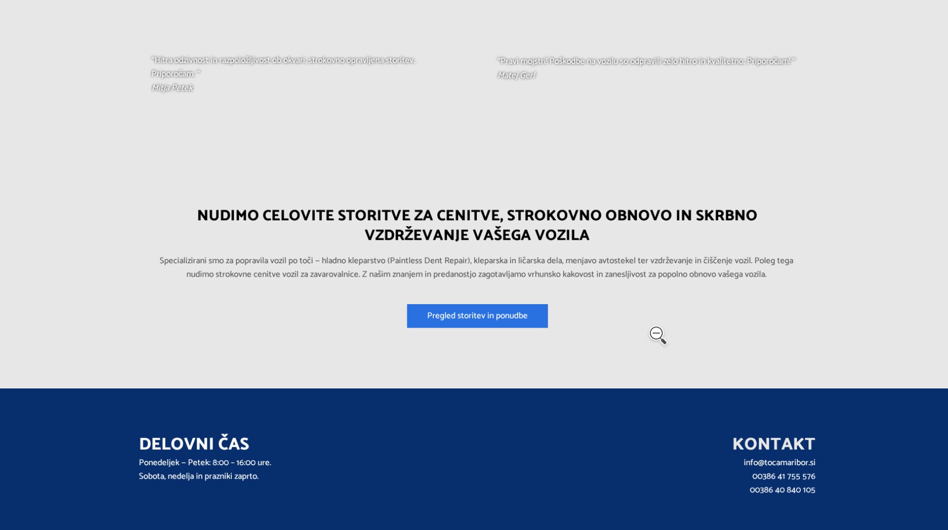TOČA MARIBOR final CTA before redesign — long low-contrast paragraph on noisy concrete texture, two italic testimonial blurbs floating above, single dark-blue 'Pregled storitev in ponudbe' pill button as the only call-to-action
