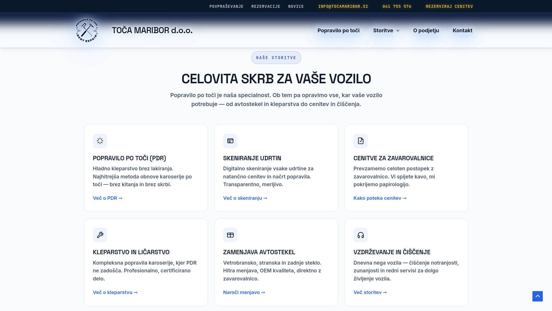 TOČA MARIBOR services section after redesign — six-card grid under 'NAŠE STORITVE' eyebrow and 'CELOVITA SKRB ZA VAŠE VOZILO' headline, each card with icon, description, and 'Več →' link