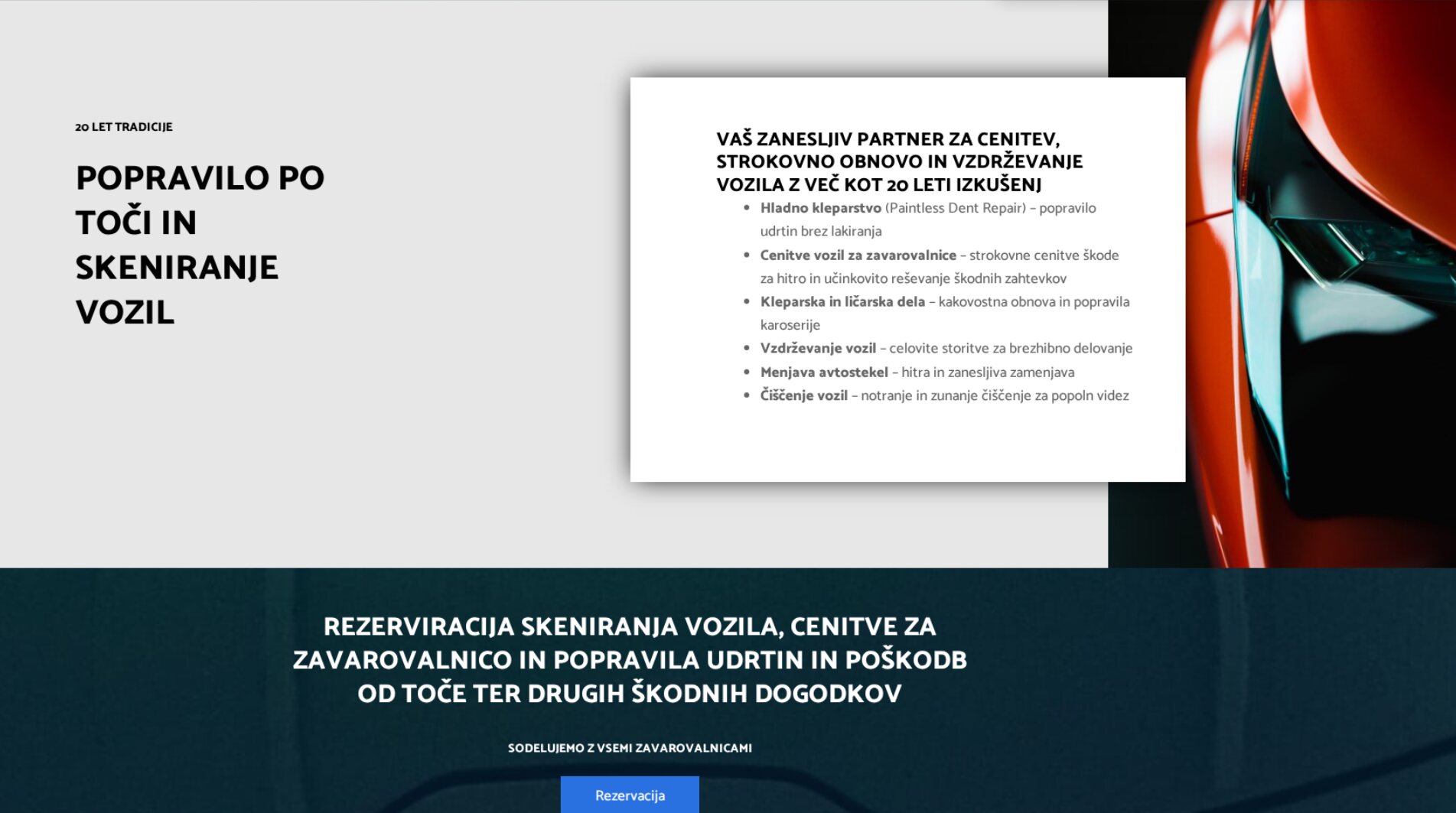 TOČA MARIBOR services section before redesign — single dense card with bullet list of seven service names sitting on a blurred Ferrari front-end photo, dark blue 'Rezervacija' button below